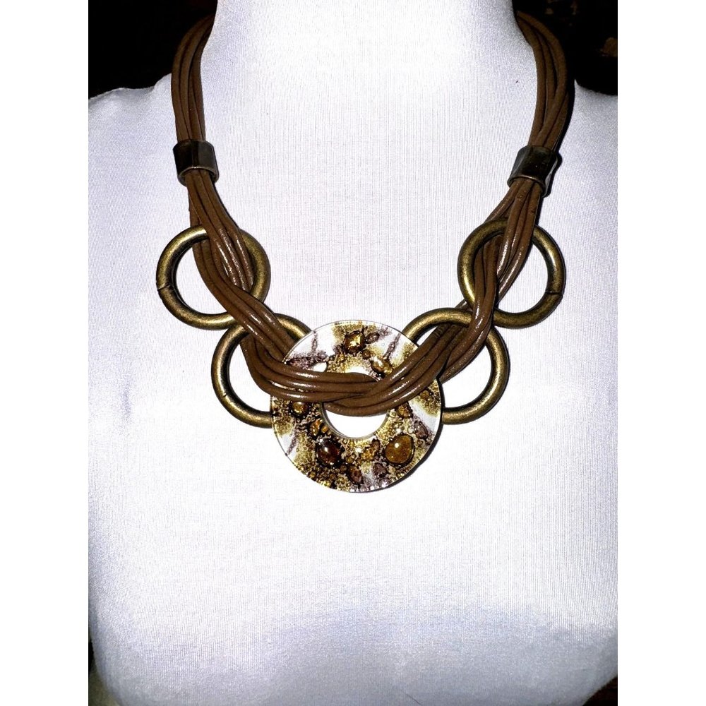 Hand Made Necklace Brown Cord Woven Strand Ring Abstract